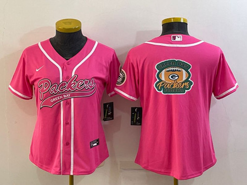 Women's Green Bay Packers Pink Team Big Logo With Patch Cool Base Stitched Baseball Jersey(Run Small)